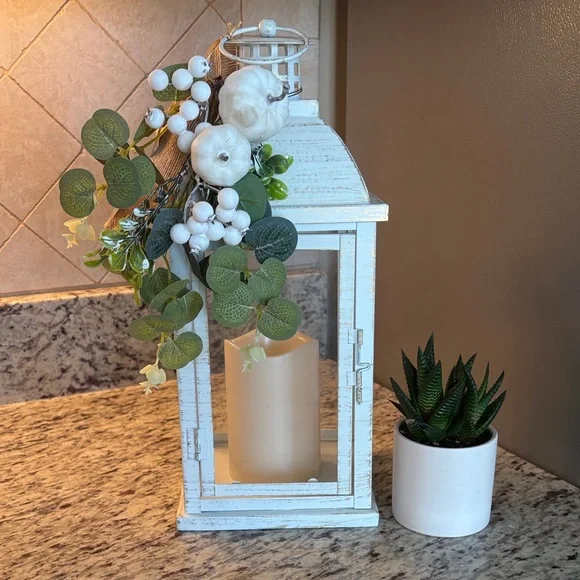 Rustic White Lantern with Greenery and Candle - Picture 2 of 6